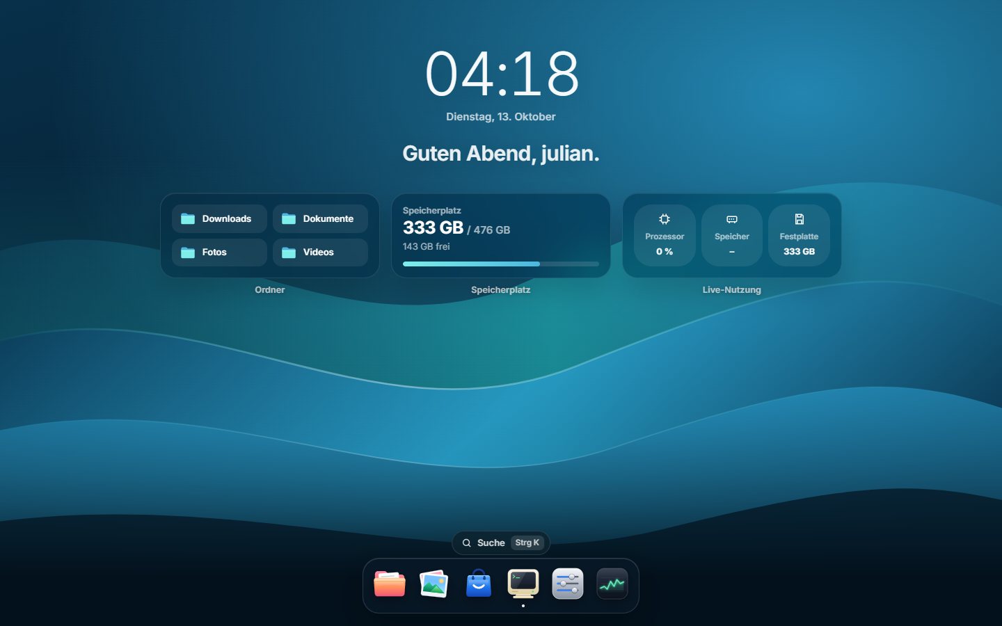 Startseite mit Uhr, Widgets und Dock