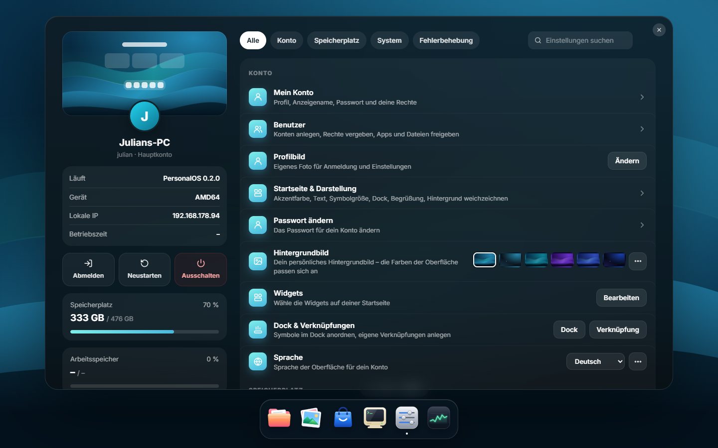 Einstellungen mit Konto, Hintergrundbild und Widgets